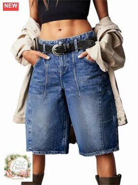 High Waist Denim Bermuda Shorts Knee Length Loose Fit Casual Skater